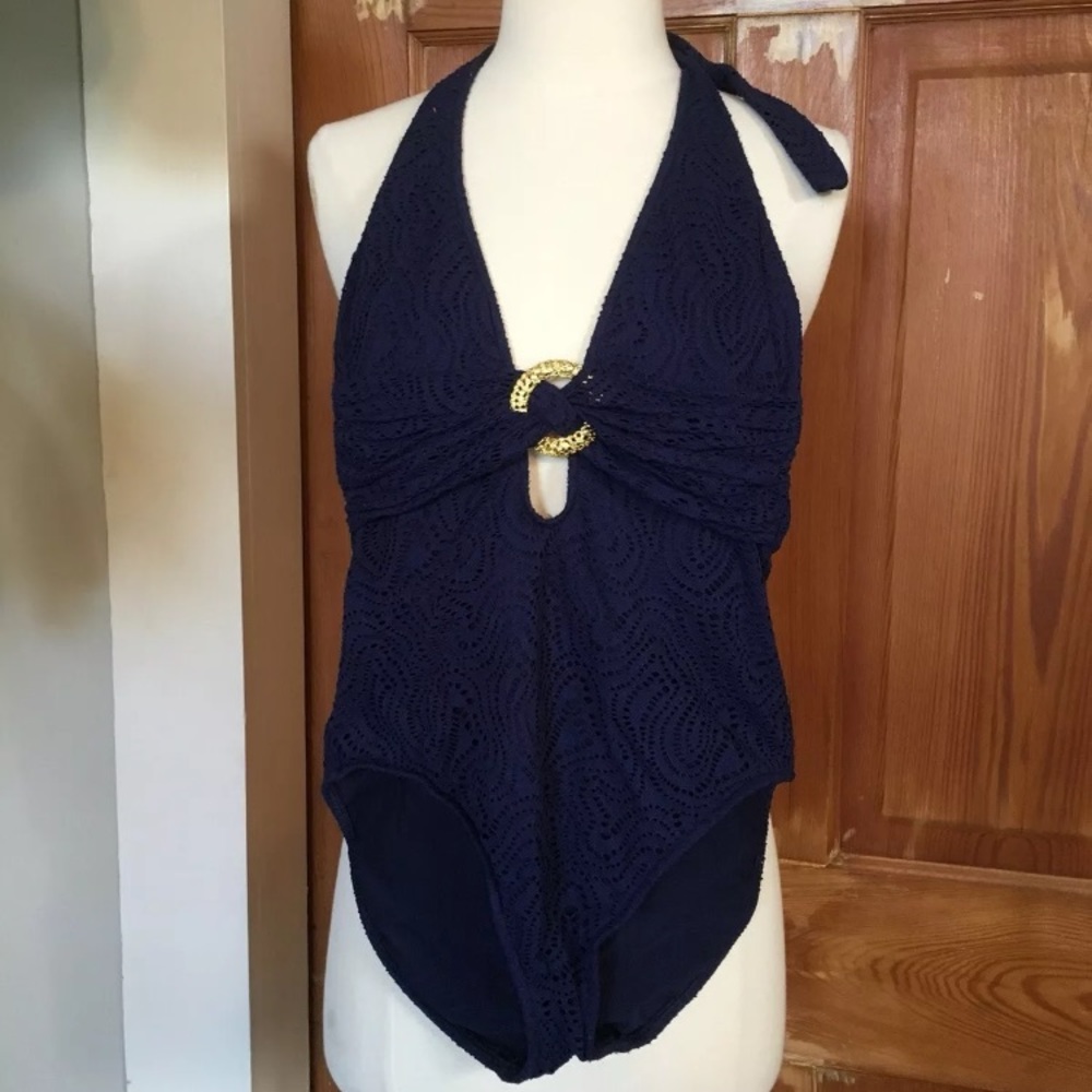 Trina Turk cricket one piece swimsuit 8 navy gold
